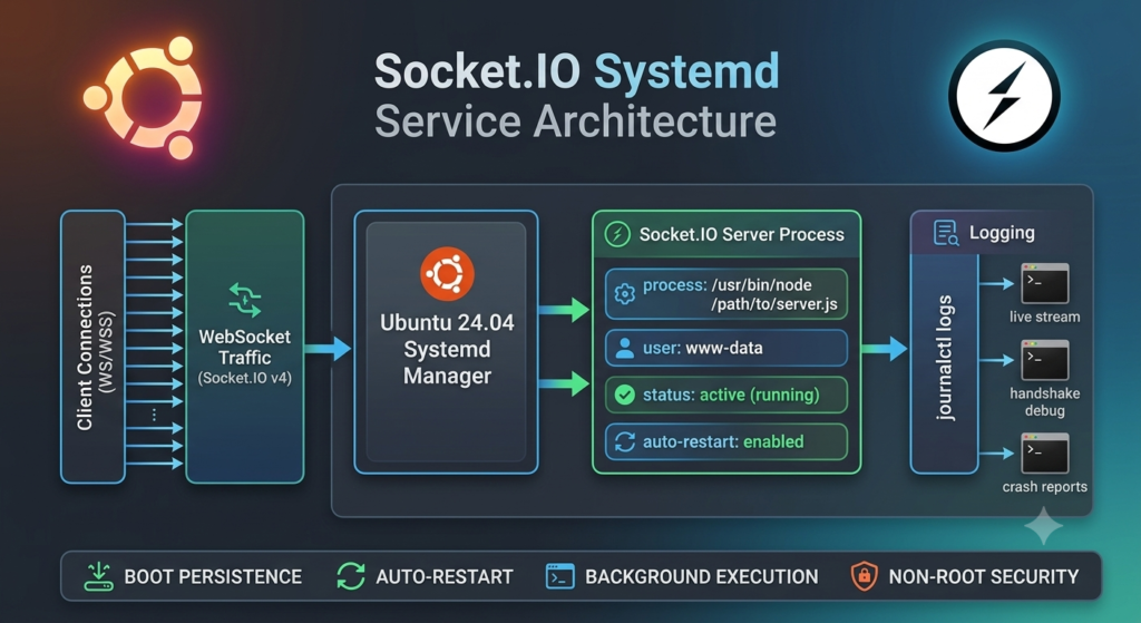 Socket.IO Systemd Service process workflow and architecture diagram