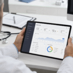 Healthcare administrator using an efficient medical dashboard on a tablet for streamlined operations.