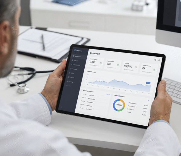 Healthcare administrator using an efficient medical dashboard on a tablet for streamlined operations.