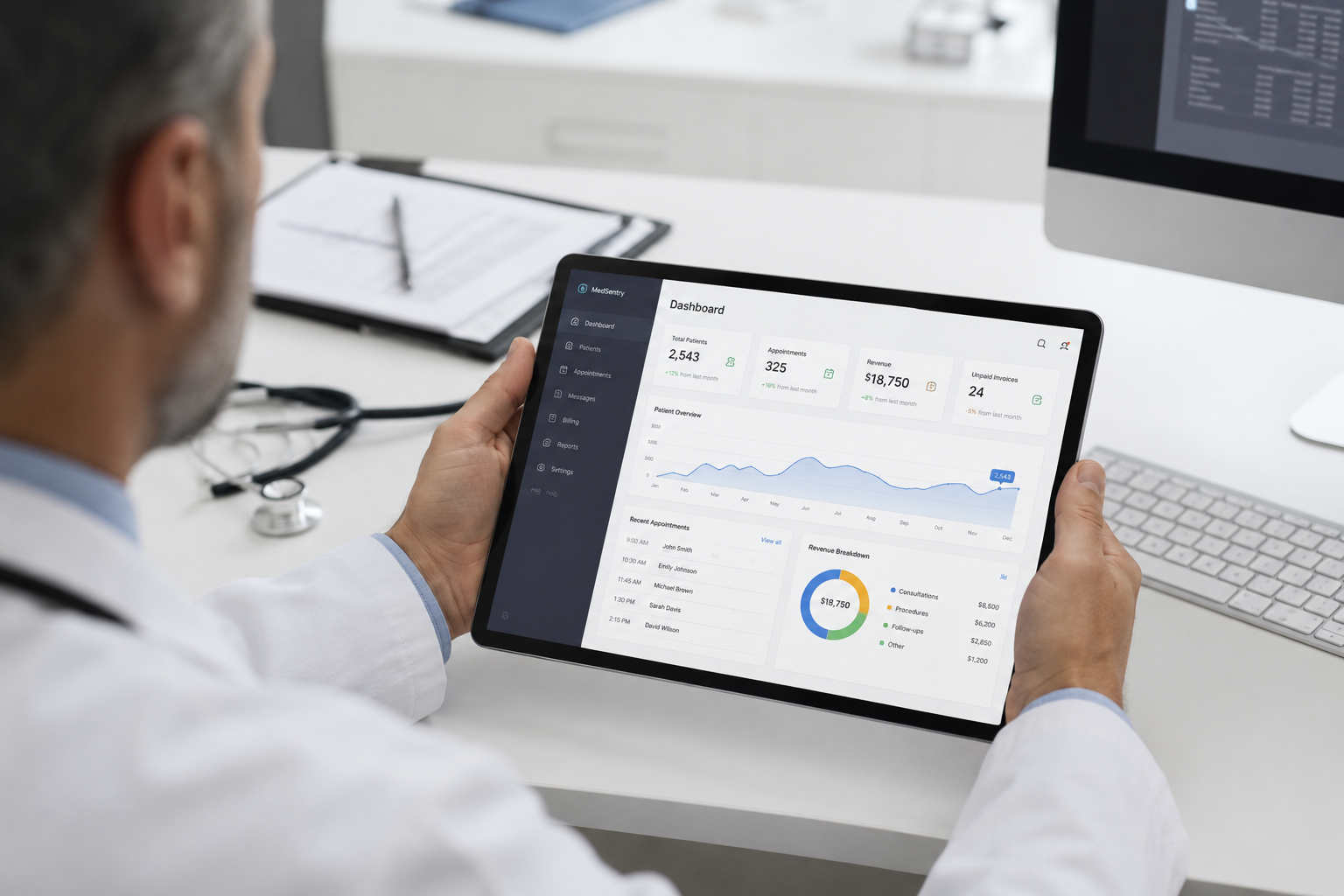 Healthcare administrator using an efficient medical dashboard on a tablet for streamlined operations.