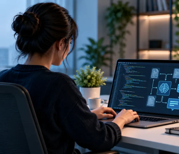 Python libraries for LLM development - Developer coding Python LLM integration on laptop