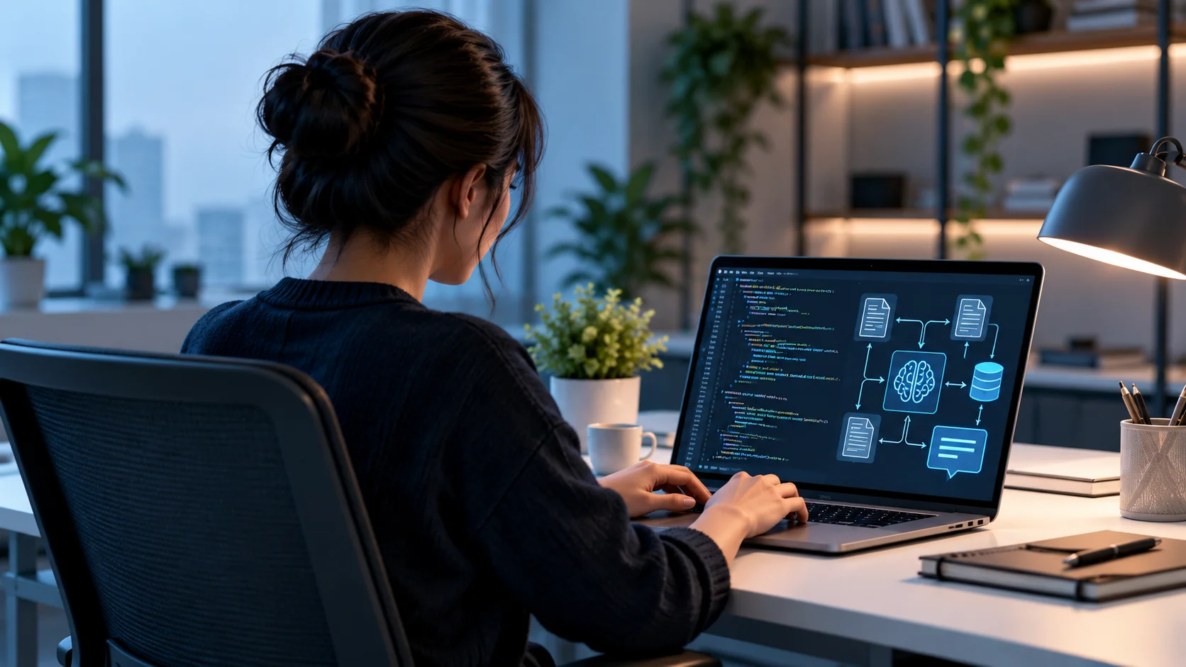 Python libraries for LLM development - Developer coding Python LLM integration on laptop