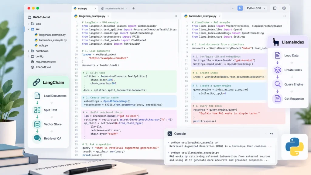 Python code snippets for LangChain and LlamaIndex