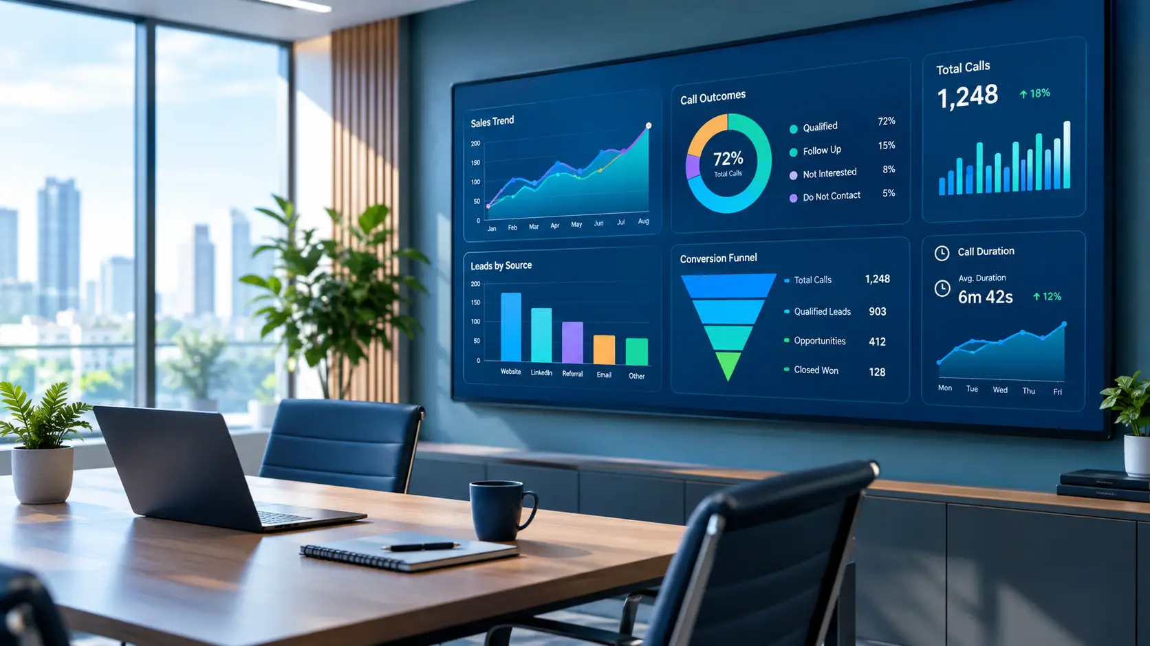 Business intelligence sales analytics dashboard visualizing call data