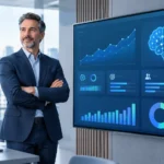 CEO reviewing AI performance metrics dashboard to quantify AI value