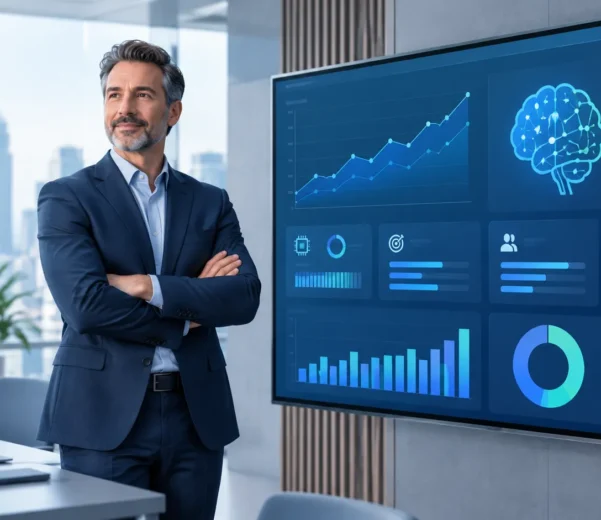 CEO reviewing AI performance metrics dashboard to quantify AI value
