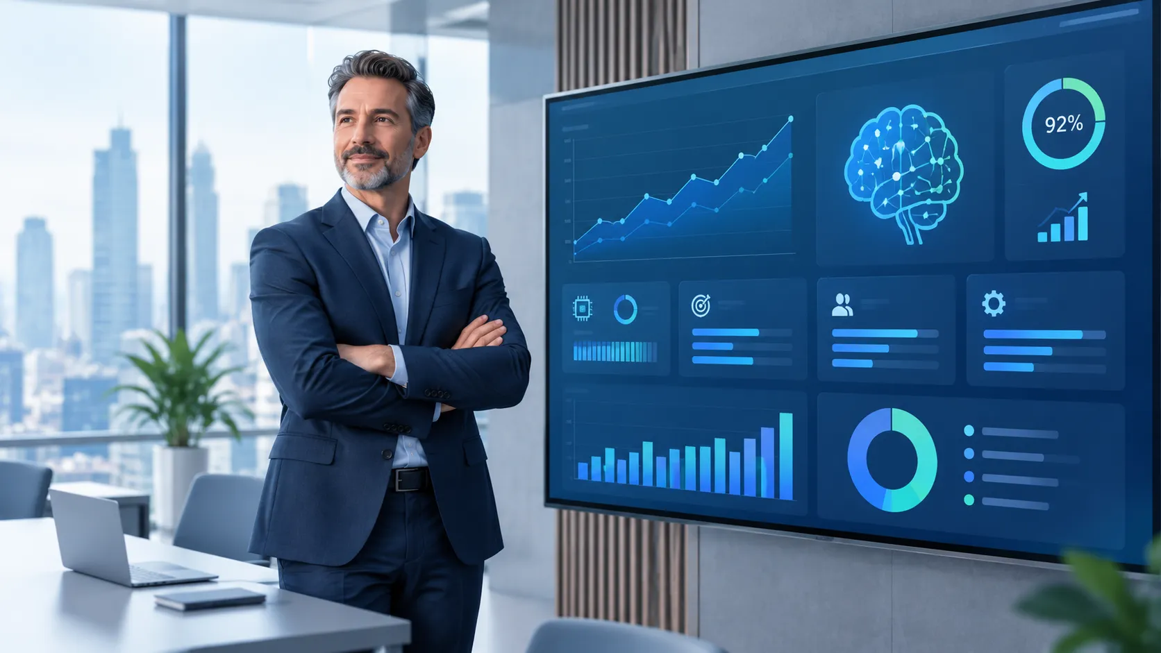 CEO reviewing AI performance metrics dashboard to quantify AI value
