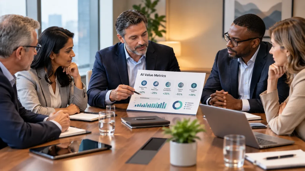 Senior executives discussing AI value metrics report