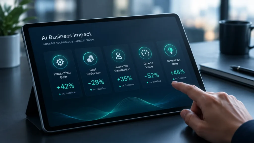 Five AI value metrics icons on tablet screen
